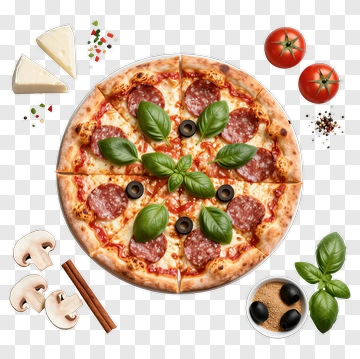 Pizza With Basil And Salami Toppings PNG