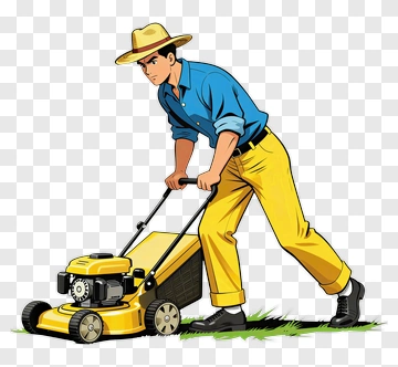 Man Mowing Lawn With A Yellow Lawnmower PNG