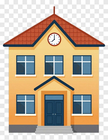 Cartoon School Building With Clock PNG