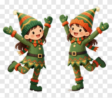 Happy Cartoon Elves Celebrating Together PNG