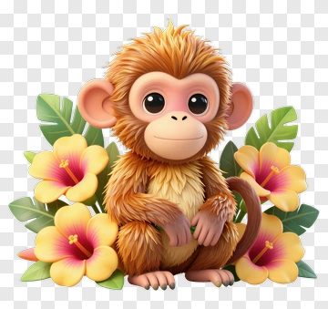Cartoon Monkey Sitting Among Tropical Flowers PNG