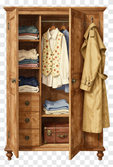 Wooden Wardrobe With Clothes And Accessories PNG