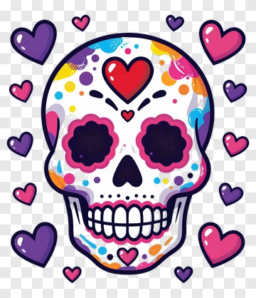 Colorful Skull With Hearts PNG