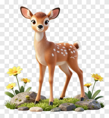 Cartoon Fawn Standing Among Flowers And Rocks PNG