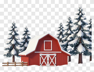 Red Barn Surrounded By Snow-Covered Pine Trees PNG