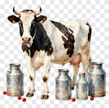 Cow Standing Beside Milk Containers PNG