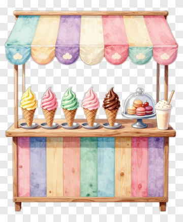 Ice Cream Stand With Colorful Cones And Treats PNG