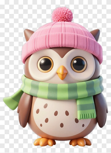 3D Cartoon Owl Wearing A Pink Hat And Green Scarf PNG
