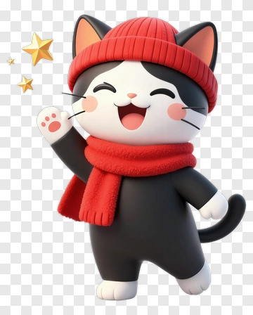 Cartoon Cat Waving With A Red Scarf And Hat PNG