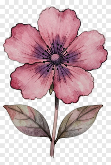 Watercolor Pink Flower With Leaves PNG