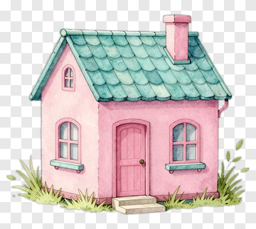 Watercolor Pink House With Green Roof PNG