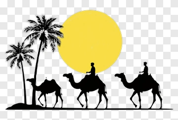 Silhouette Of Camels And Riders Against A Yellow Sun PNG