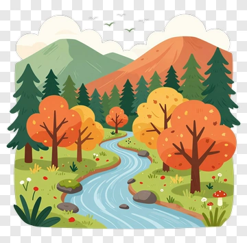 Colorful Autumn Landscape With River And Trees PNG