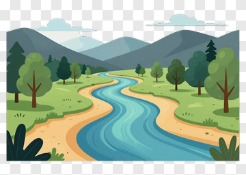 River Flowing Through A Lush Green Landscape PNG