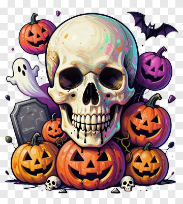 Halloween Skull Surrounded By Pumpkins And Ghosts PNG
