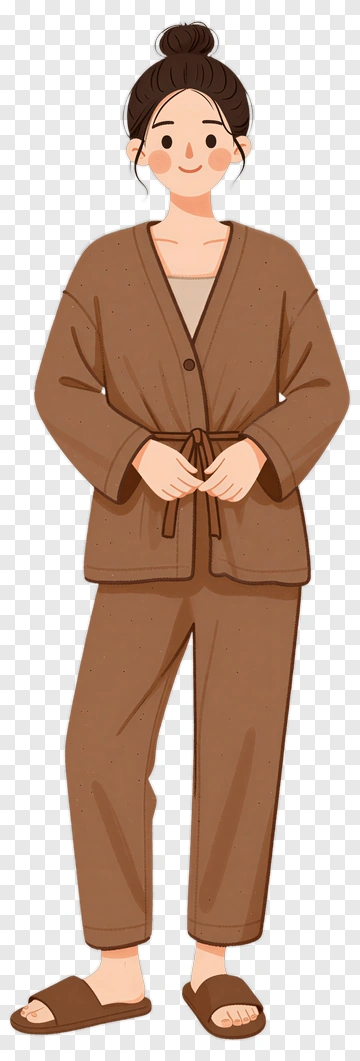 Cartoon Woman In Brown Loungewear PNG