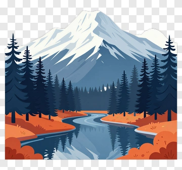 Mountain Landscape With River And Pine Trees PNG
