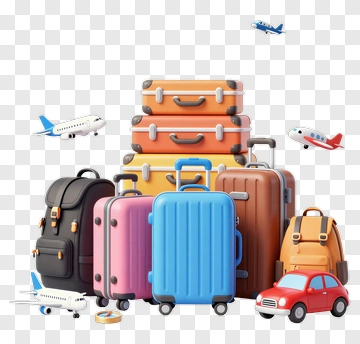 Colorful Luggage Stack With Airplanes And Car PNG