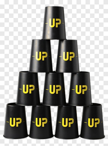 Stack Of Black Cups With Yellow Up Text PNG