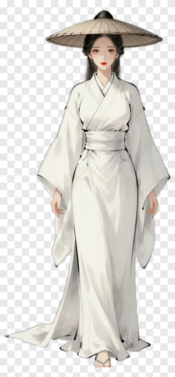 Woman In Traditional White Kimono With Straw Hat PNG