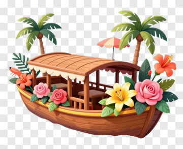 Colorful Boat Surrounded By Tropical Flowers And Palm Trees PNG