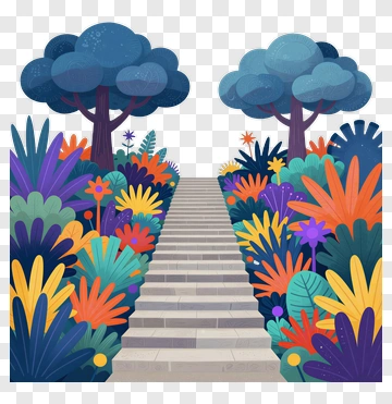 Colorful Garden Path With Trees And Flowers PNG