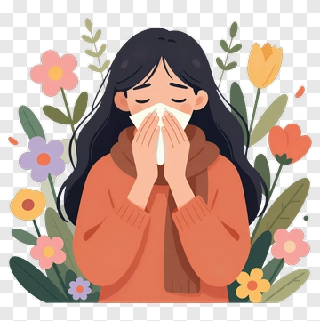 Woman Sneezing Surrounded By Flowers PNG
