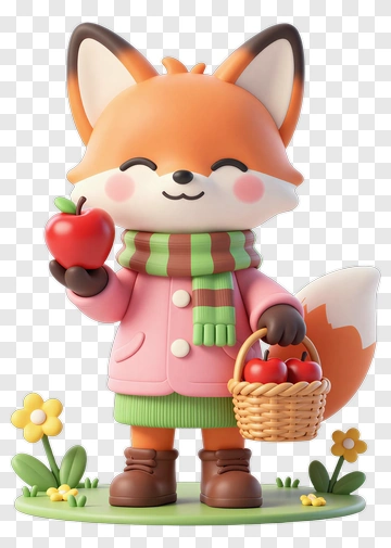 Cute Fox Holding An Apple And A Basket PNG