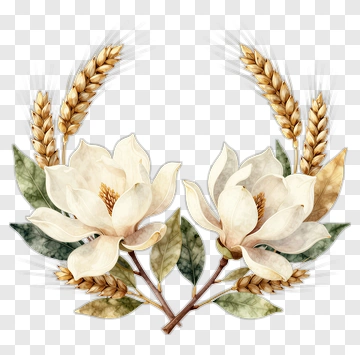 Watercolor Magnolia Flowers With Wheat PNG