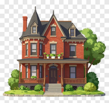 Colorful Victorian House With Greenery PNG