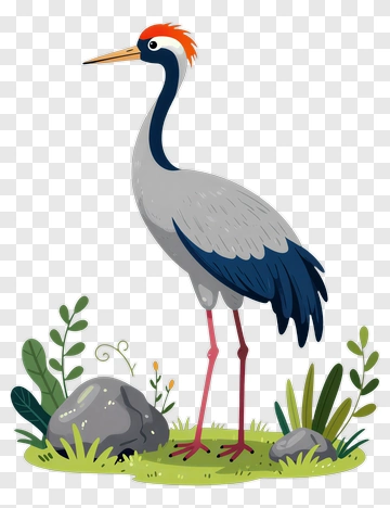 Cartoon Heron Standing Among Plants And Rocks PNG
