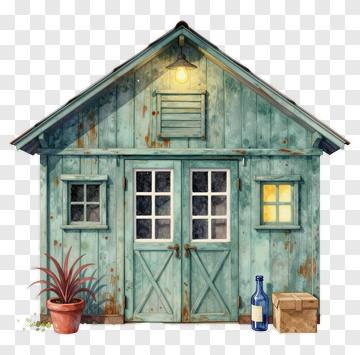 Wooden House With Potted Plant And Box PNG