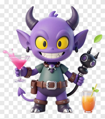 Cartoon Purple Demon Holding Drinks PNG