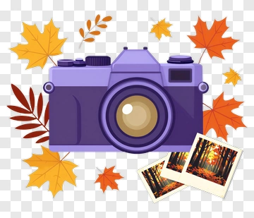 Camera Surrounded By Autumn Leaves And Photos PNG