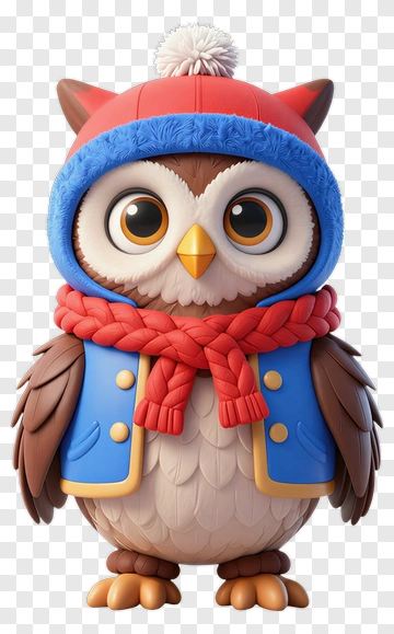 3D Cartoon Owl Wearing A Winter Hat And Scarf PNG