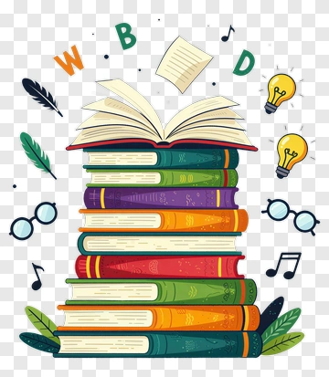 Colorful Stack Of Books With Open Book And Learning Elements PNG