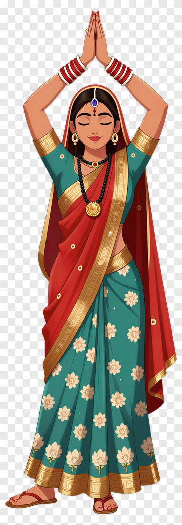 Woman In Traditional Indian Attire With Hands In Prayer Pose PNG