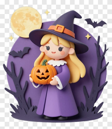 Cartoon Witch Holding A Halloween Pumpkin PNG