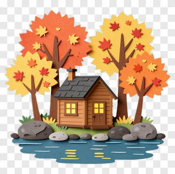 Colorful Paper Cut Cabin By A River With Autumn Trees PNG