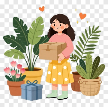 Girl Holding A Box Surrounded By Plants And Flowers PNG