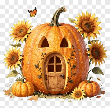 Halloween Pumpkin House Surrounded By Sunflowers PNG
