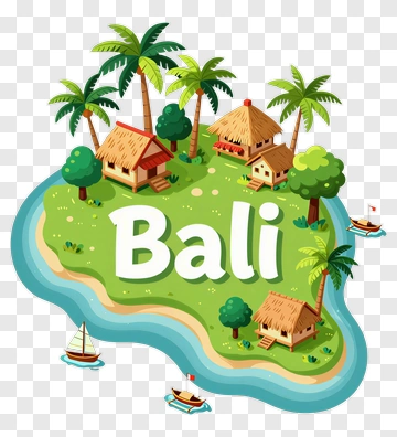 Cartoon Bali Island With Houses And Palm Trees PNG
