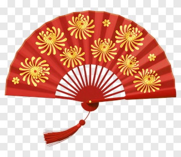Red Decorative Fan With Floral Design PNG