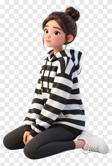Cartoon Girl In Striped Hoodie PNG