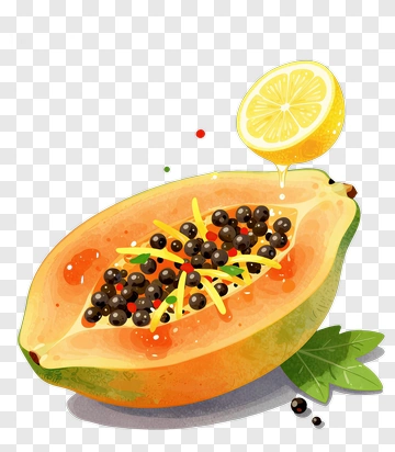 Papaya With Lemon Slice And Seeds PNG