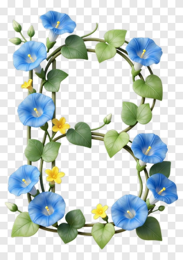 Floral Letter B With Blue Flowers And Green Leaves PNG
