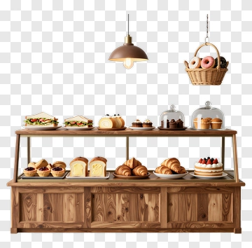 Bakery Display Case With Assorted Pastries And Breads PNG