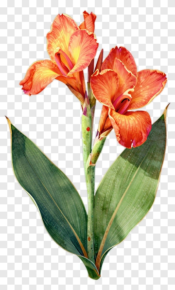 Colorful Flower With Orange Petals And Green Leaves PNG