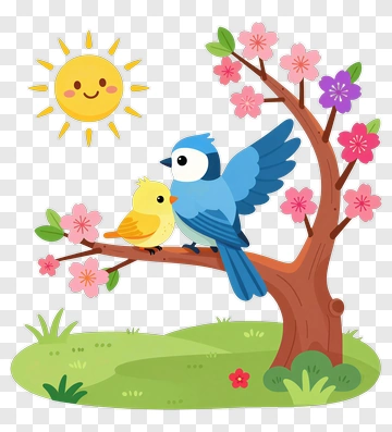 Cartoon Bluebird And Yellow Chick On A Flowering Tree PNG