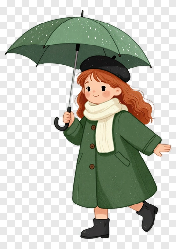 Cartoon Girl Holding A Green Umbrella PNG
